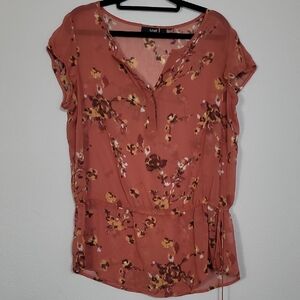 A NEW APPROACH Womens Sheer Floral Top Size M Orange Tie Fairy Boho Cottage